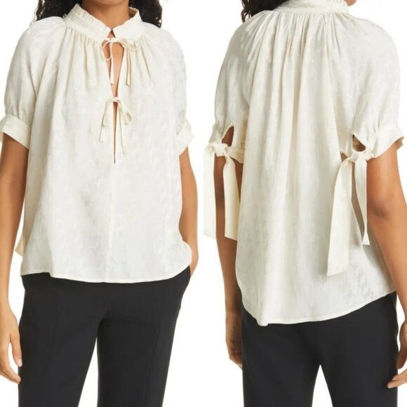 NEW Brigitte Herskind Tie‎ Front Short Sleeve Blouse Jacquard Gajol Size 40 or 8 - Picture 1 of 11